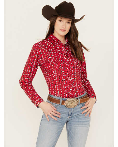 Image #1 - Rough Stock by Panhandle Women's Southwestern Print Long Sleeve Stretch Pearl Snap Western Shirt, Red, hi-res