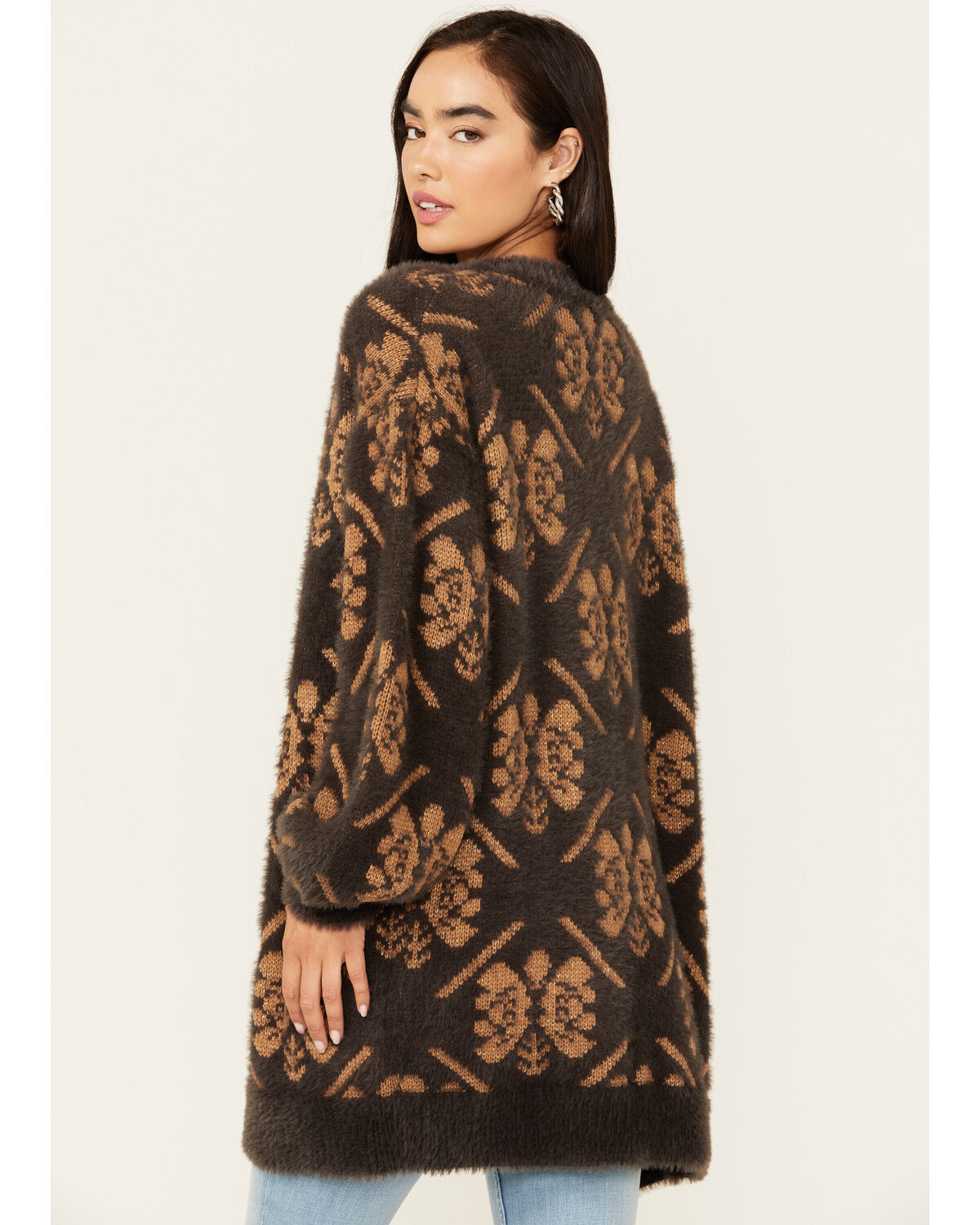 Image #4 - Room 34 Women's Floral Print Jacquard Cardigan, Charcoal, hi-res