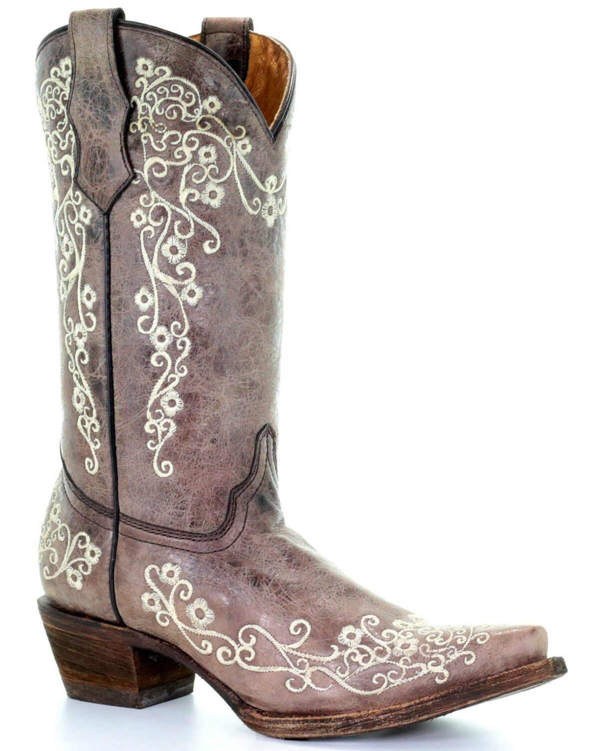 Corral Girls' Crater Bone Embroidered Western Boot - Snip Toe, Brown, hi-res