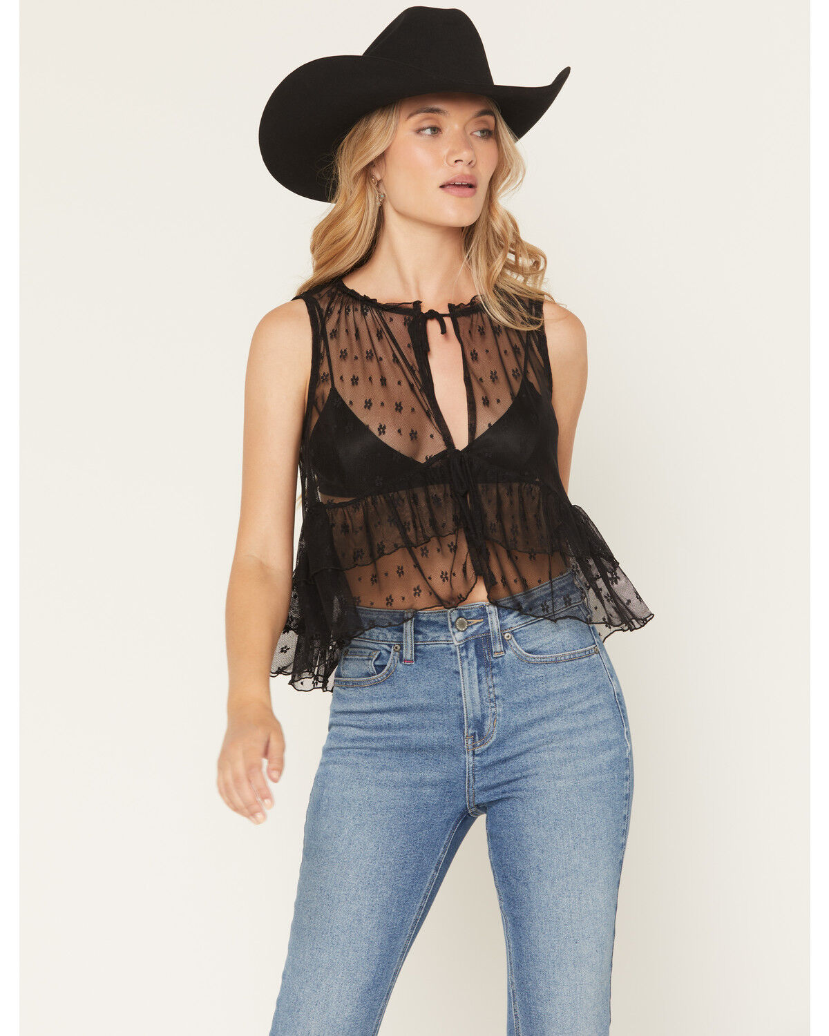 Image #1 - Originality Women's Lace Tie-Front Sleeveless Ruffle Top, Black, hi-res