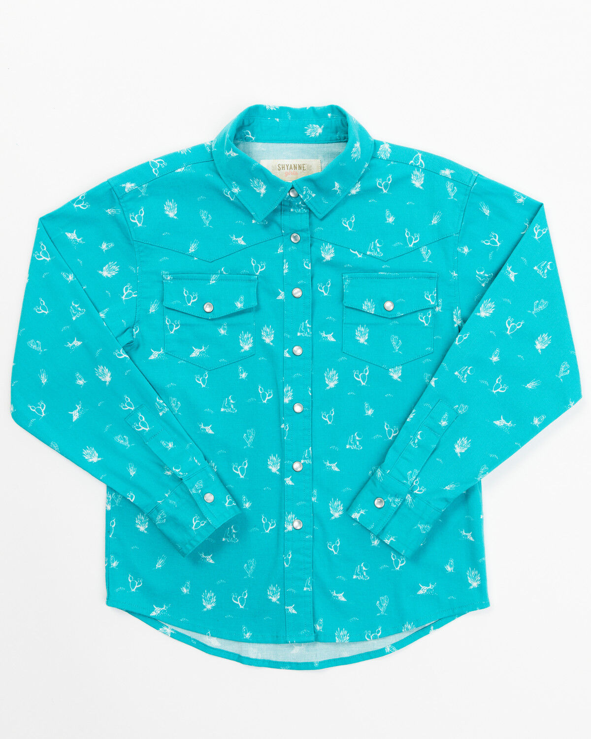 Image #1 - Shyanne Toddler Girls' Cactus Print Long Sleeve Western Pearl Snap Shirt, Turquoise, hi-res