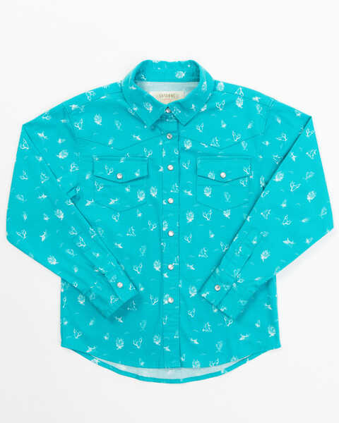 Shyanne Toddler-Girls' Cactus Print Long Sleeve Western Snap Shirt, Turquoise, hi-res
