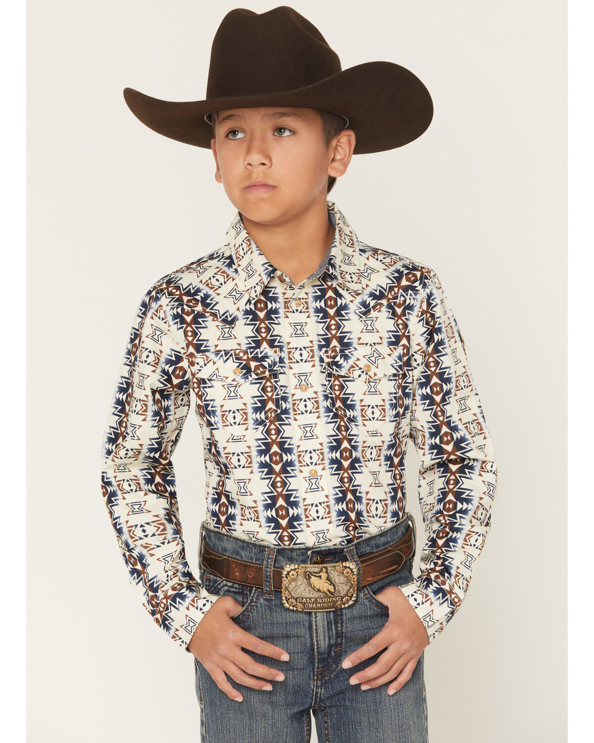 Image #1 - Cody James Boys' Wild Prairie Southwestern Print Long Sleeve Snap Western Shirt, Tan, hi-res