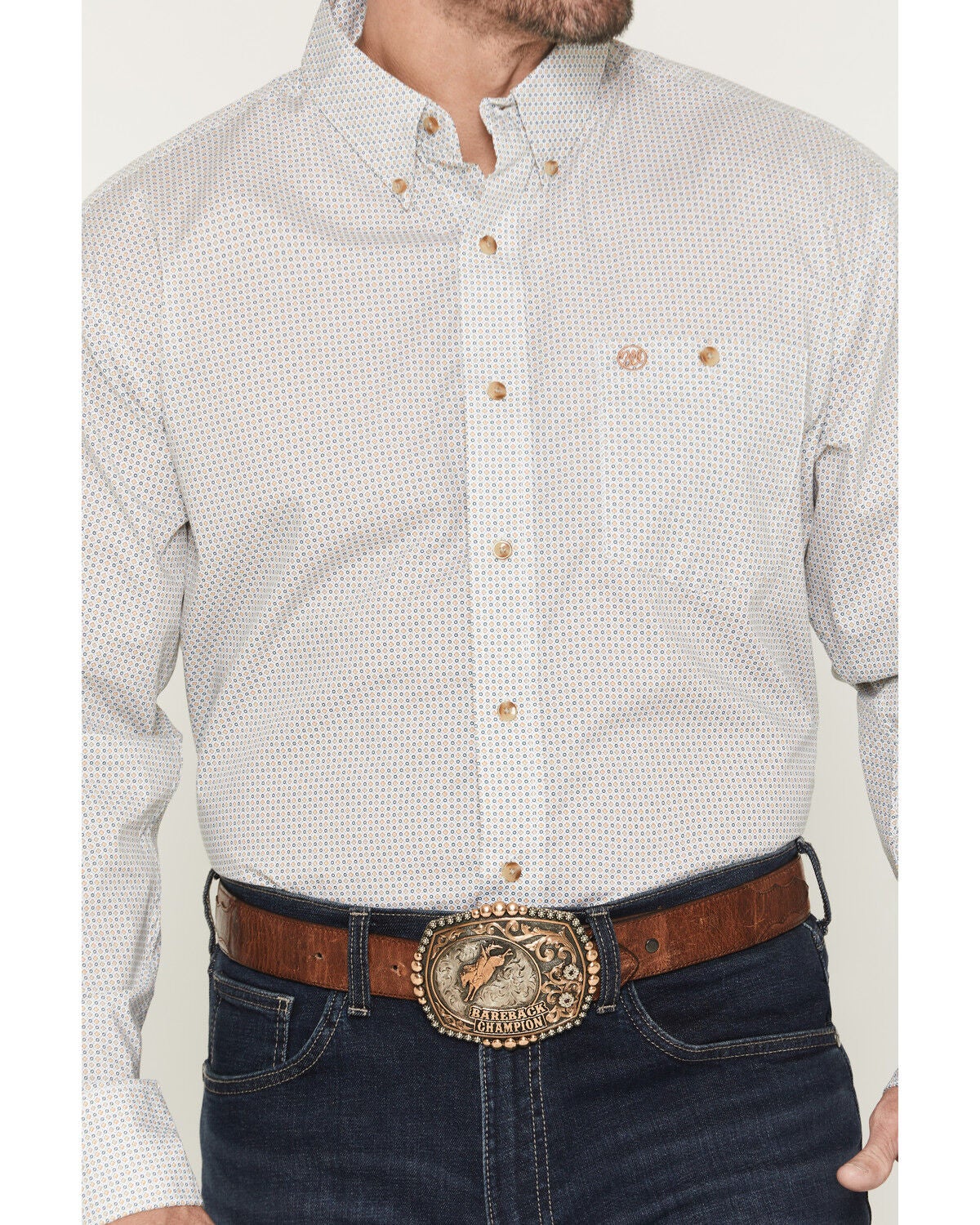 Image #3 - Wrangler Men's Classics Geo Print Long Sleeve Button-Down Western Shirt, Tan, hi-res