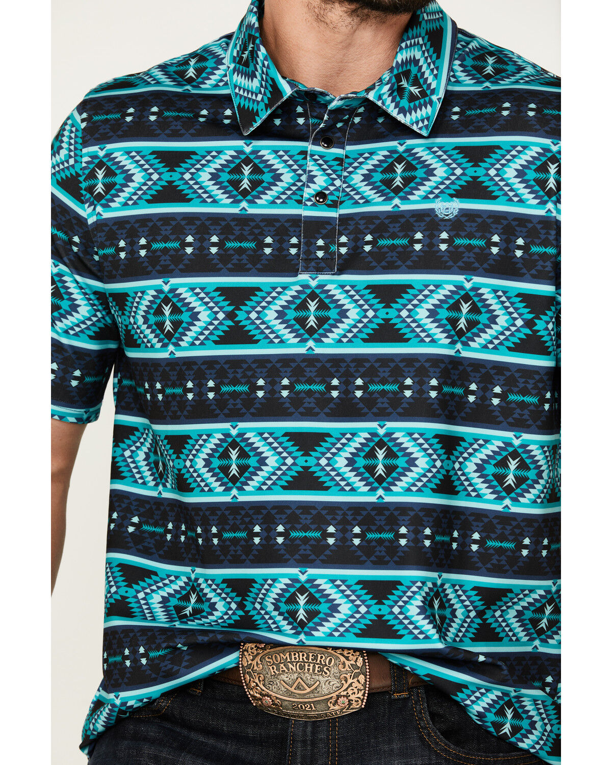 Image #3 - Panhandle Men's Southwestern Print Short Sleeve Performance Polo Shirt, Turquoise, hi-res