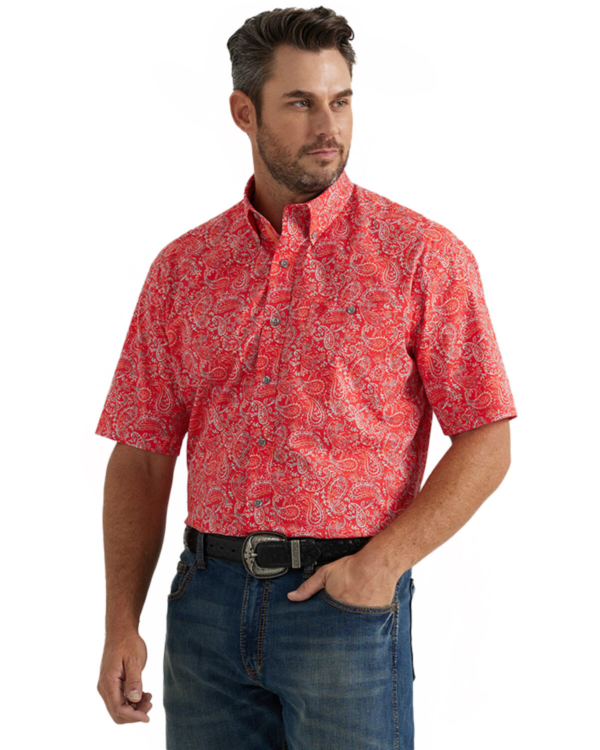 Image #1 - George Strait by Wrangler Men's Paisley Print Short Sleeve Button-Down Stretch Western Shirt, Red, hi-res