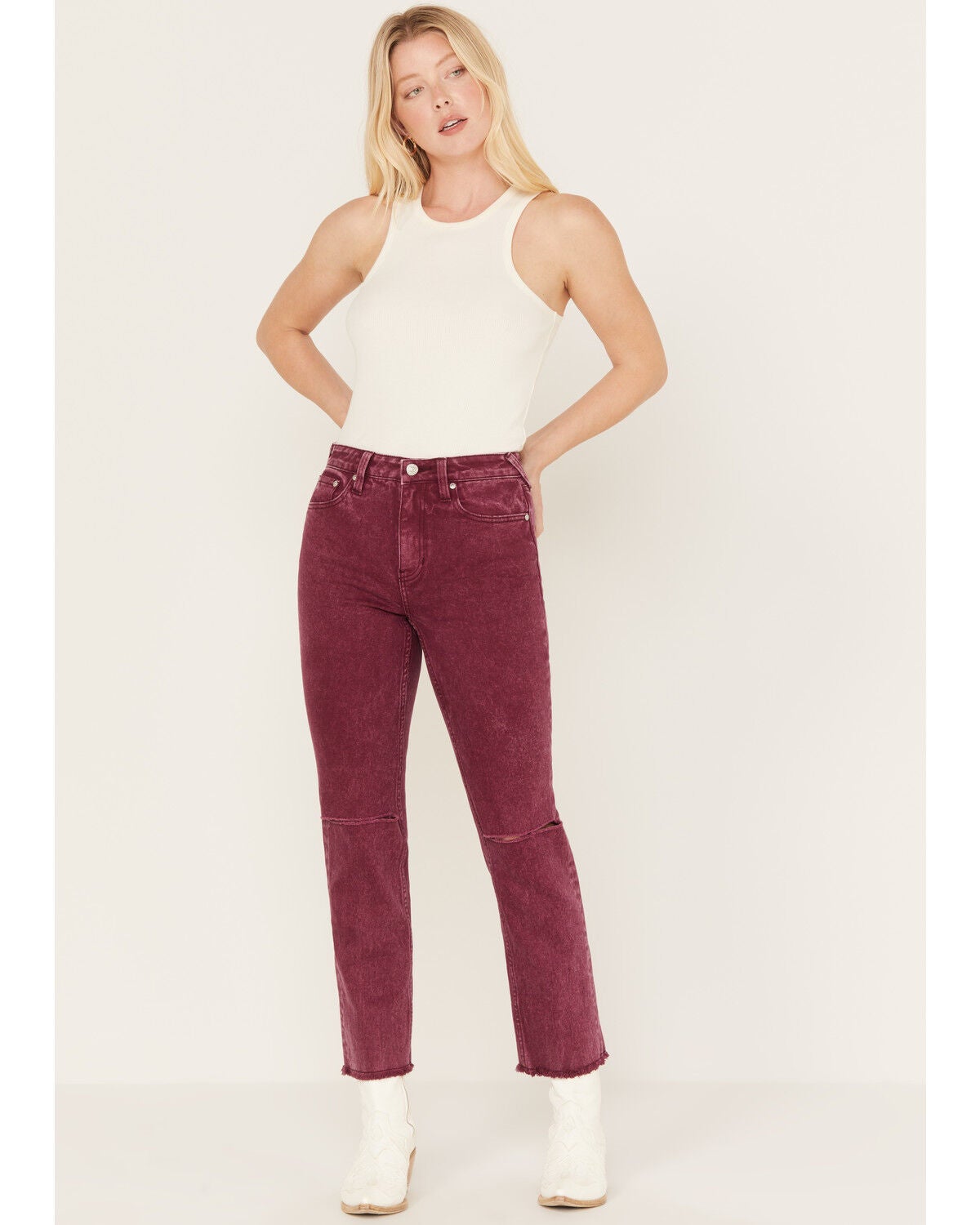 Cleo + Wolf Women's High Rise Distressed Knee Slim Stretch Straight Jeans, Purple, hi-res