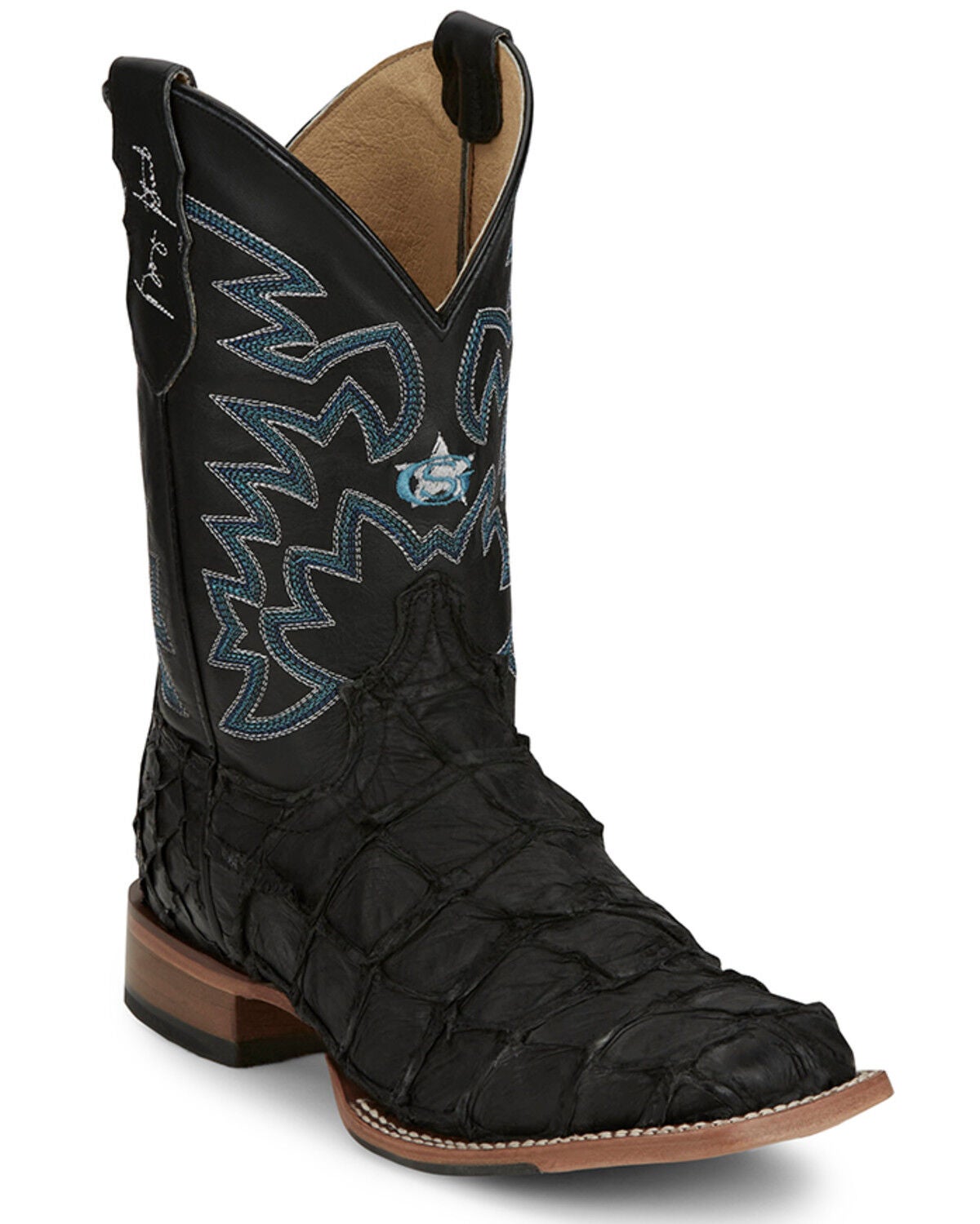 Justin Men's Ocean Front Exotic Pirarucu Western Boots - Broad Square Toe, Black, hi-res