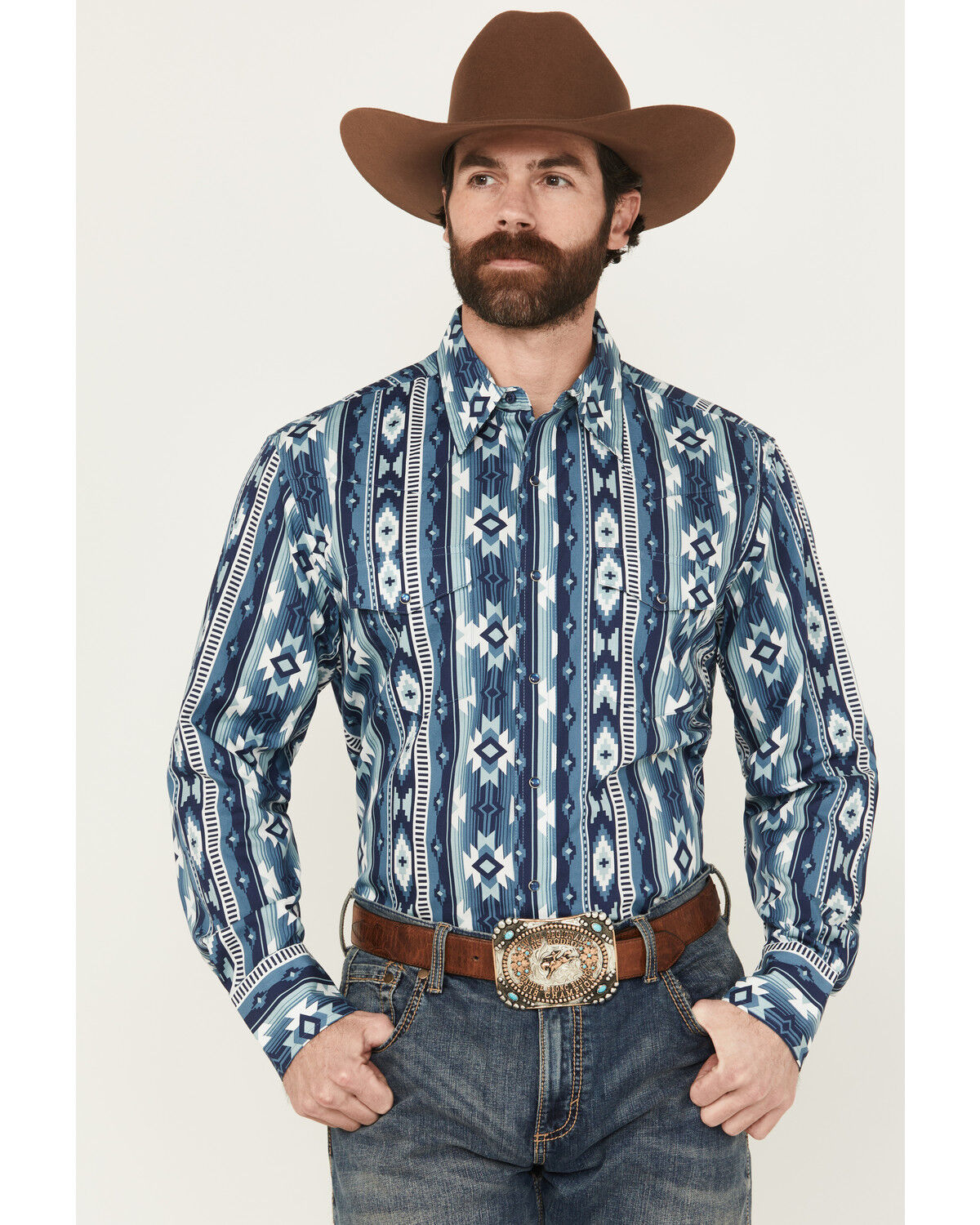 Image #1 - Wrangler Men's Checotah Southwestern Print Long Sleeve Snap Western Shirt, Blue, hi-res