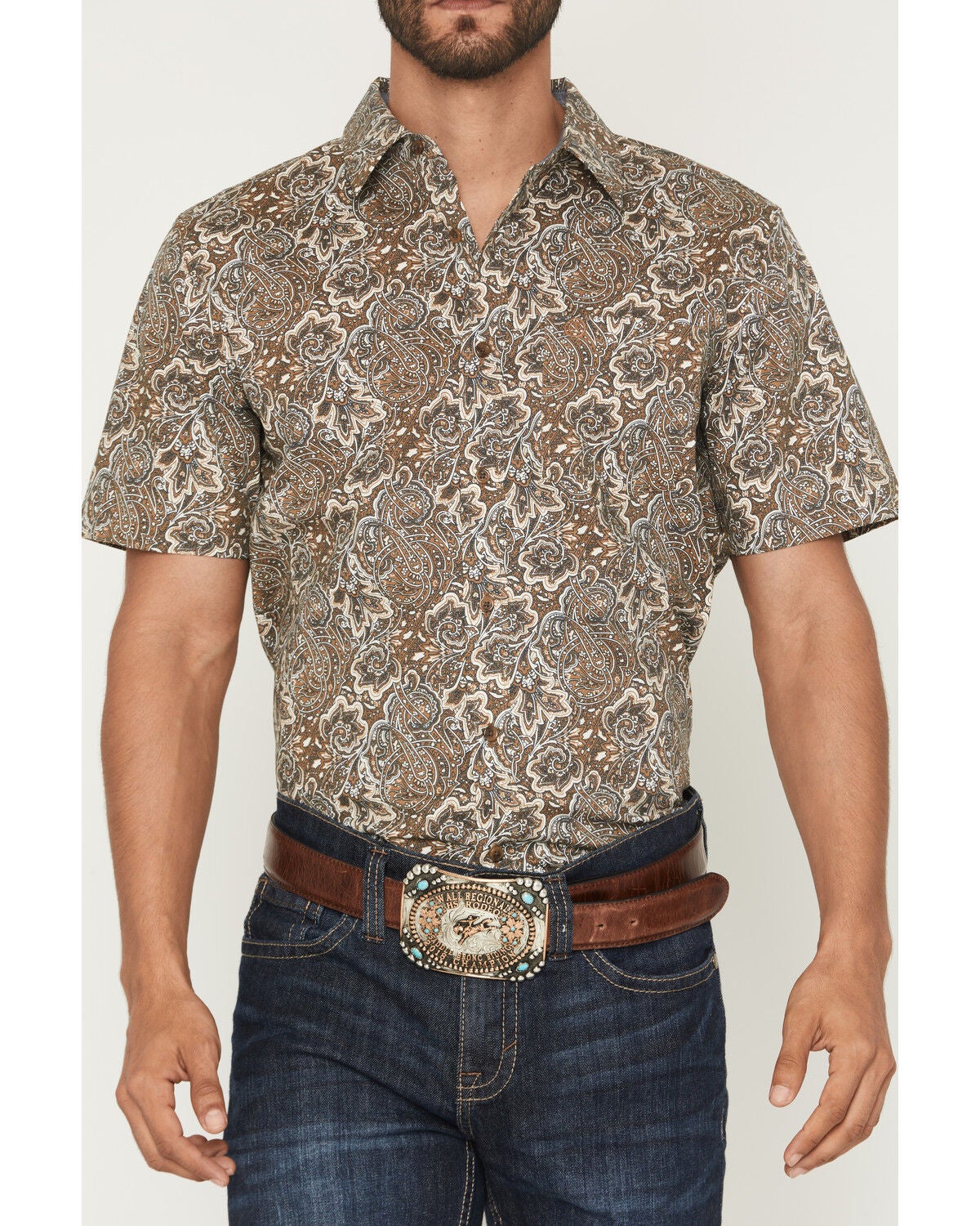 Image #3 - Cody James Men's Wells Floral Paisley Print Short Sleeve Button-Down Stretch Western Shirt - Tall, Rust Copper, hi-res