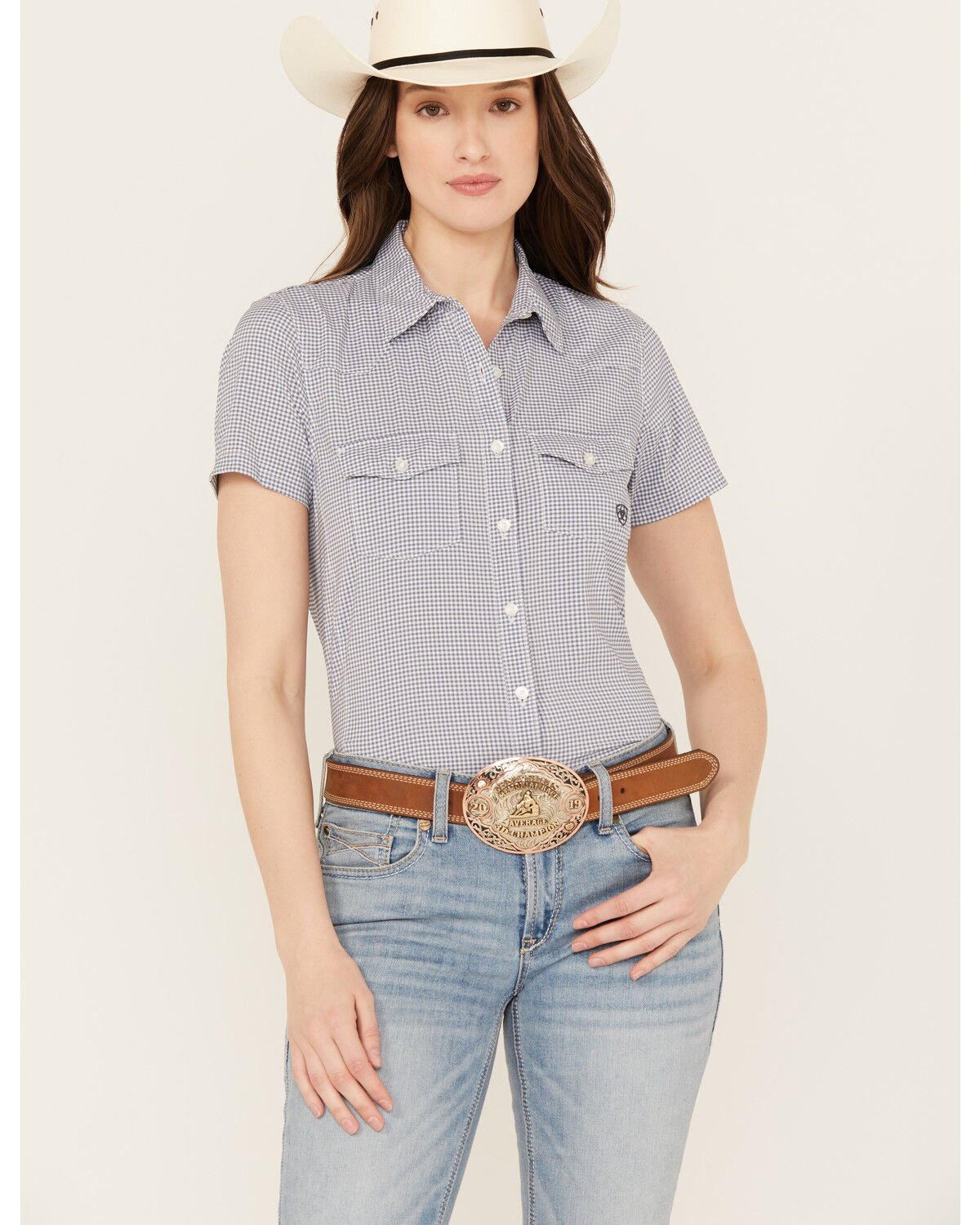 Image #1 - Ariat Women's Boot Barn Exclusive Gingham Print Short Sleeve Button-Down VentTEK Stretch Shirt, Blue/white, hi-res