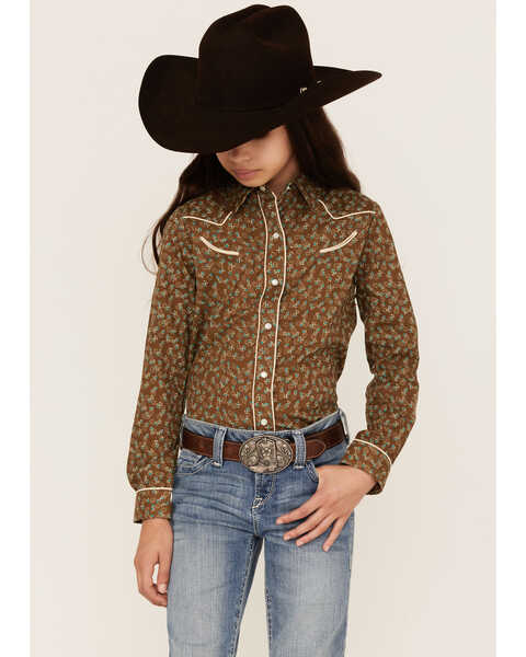 Roper Girls' Floral Print Long Sleeve Western Pearl Snap Shirt, Brown, hi-res