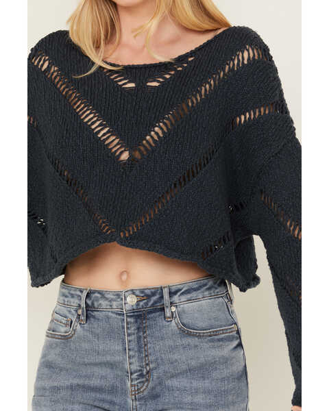 Image #3 - Free People Women's Distressed Cropped Sweater, Navy, hi-res