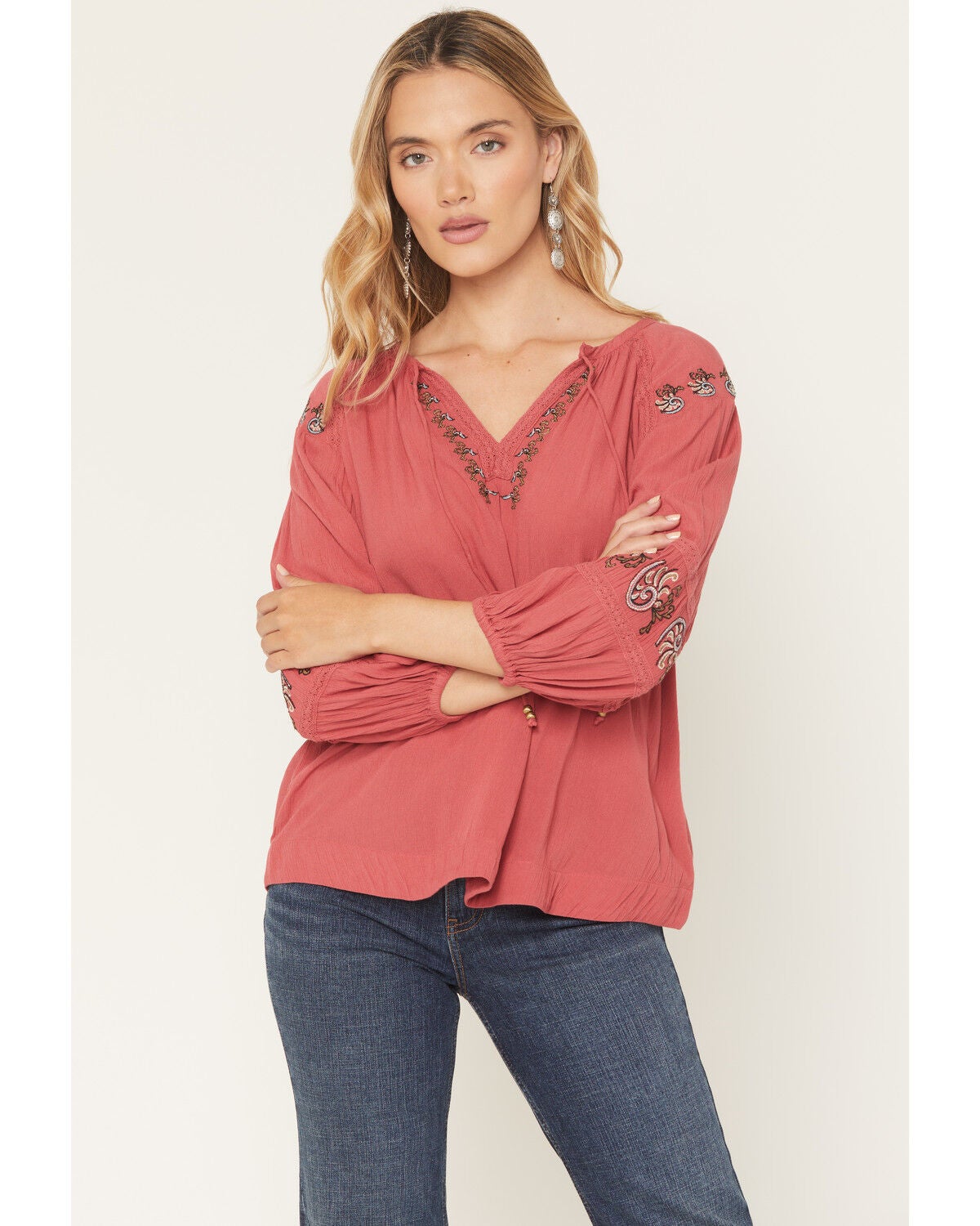 Shyanne Women's Barberry 3/4 Sleeve Embroidered Peasant Top, Dark Pink, hi-res
