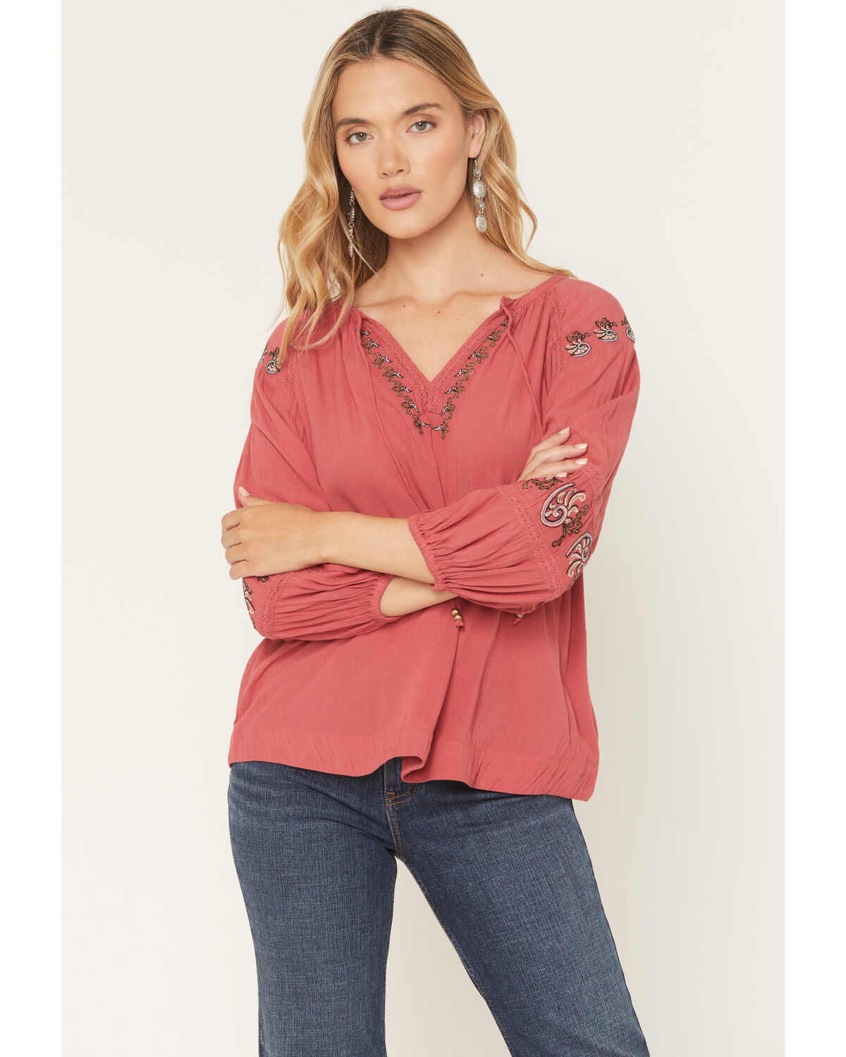 Image #1 - Shyanne Women's Barberry 3/4 Sleeve Embroidered Peasant Top, Dark Pink, hi-res
