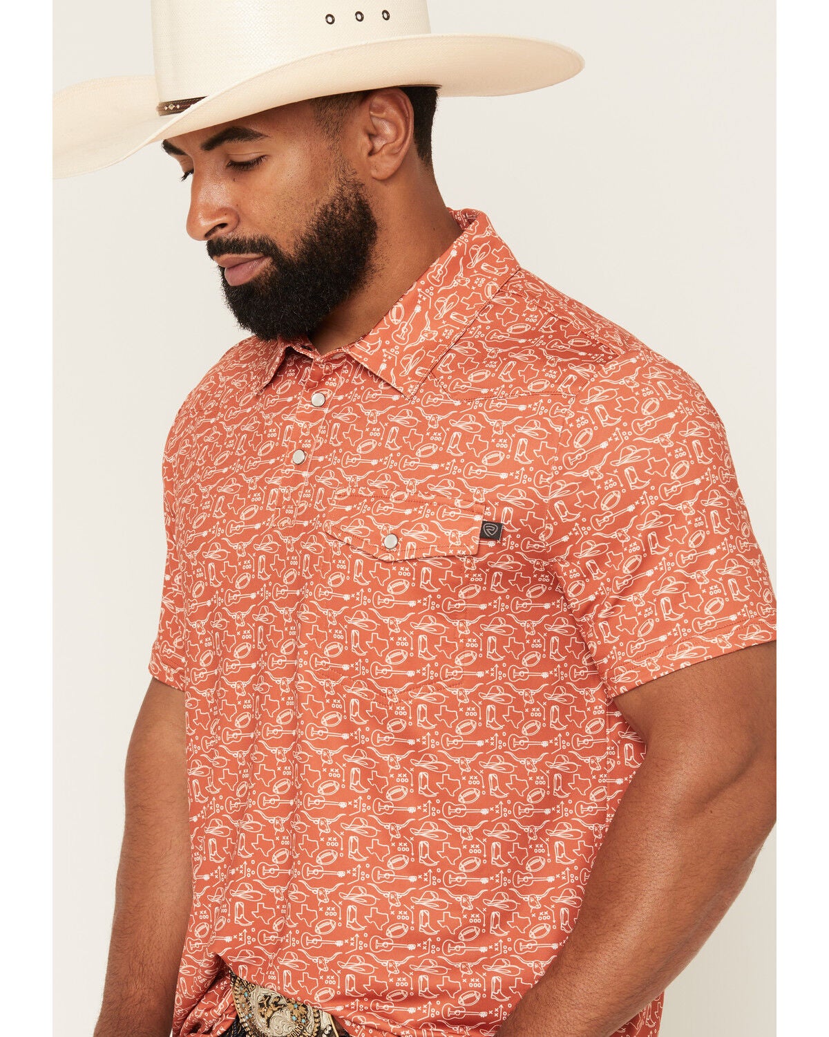Image #2 - Panhandle Men's Game Day Short Sleeve Snap Stretch Polo, Orange, hi-res