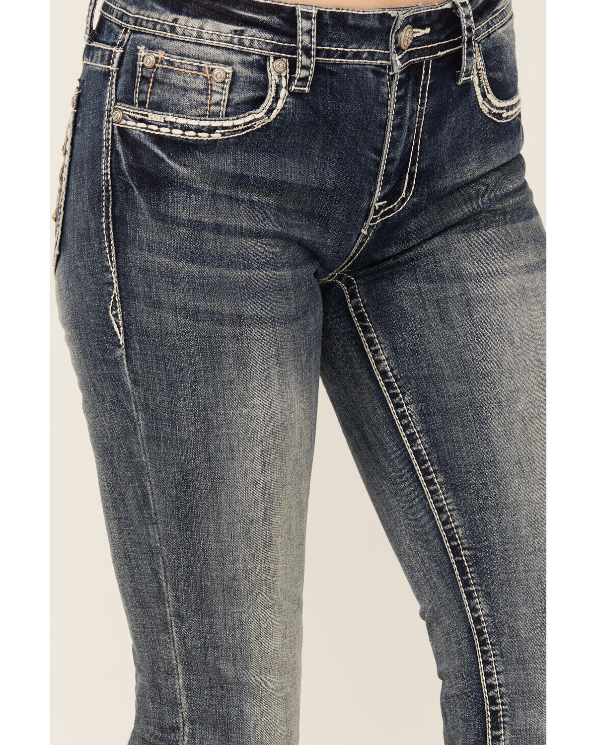 Image #4 - Grace In LA Women's Light Wash Floral Horseshoe Pocket Mid Rise Bootcut Stretch Denim Jeans, Light Wash, hi-res