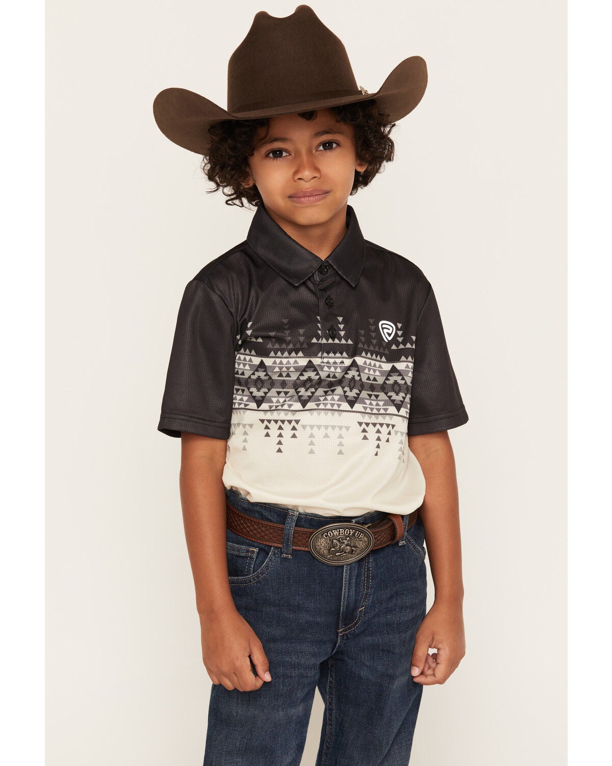 Rock & Roll Denim Boys' Dale Brisby Border Print Short Sleeve Polo, Grey, hi-res