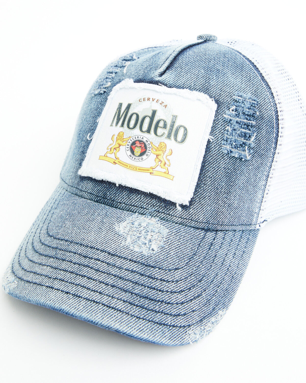 Image #1 - Modelo Women's Logo Distressed Denim Ball Cap, Navy, hi-res