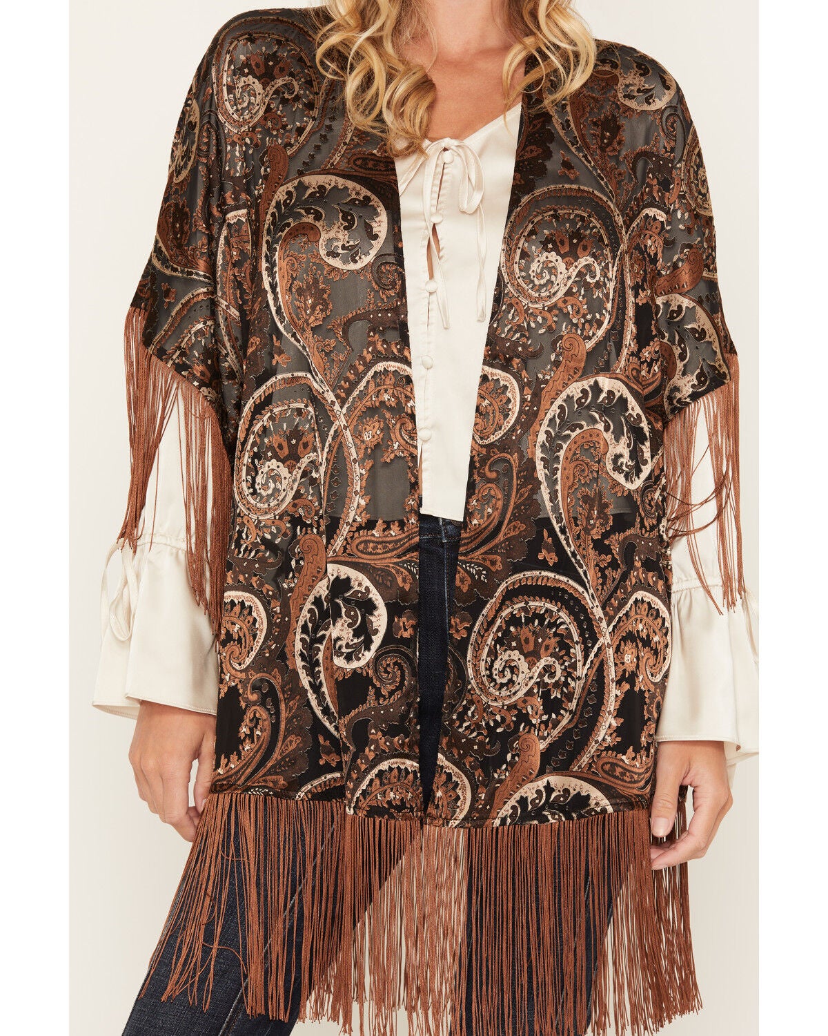 Image #3 - Shyanne Women's Nicks Burnout Paisley Print Fringe Kimono, Black, hi-res