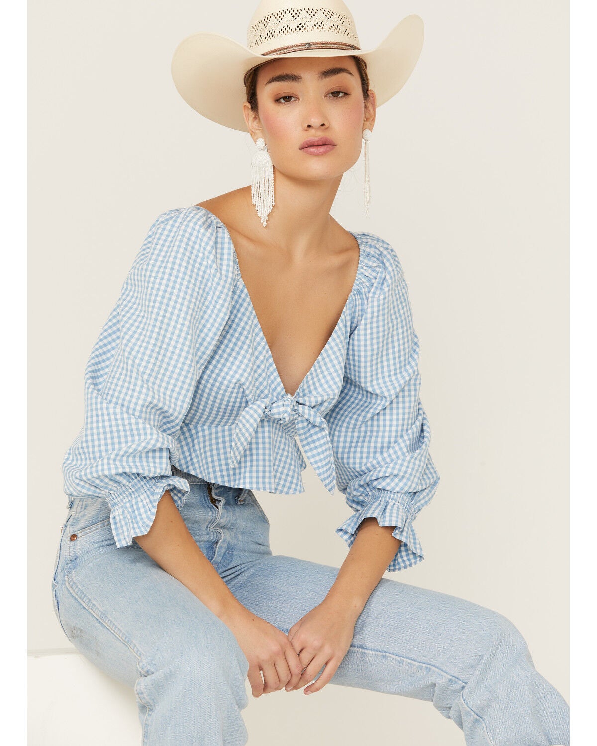 Beyond The Radar Women's Gingham Tie Front Crop Blouse, Blue, hi-res