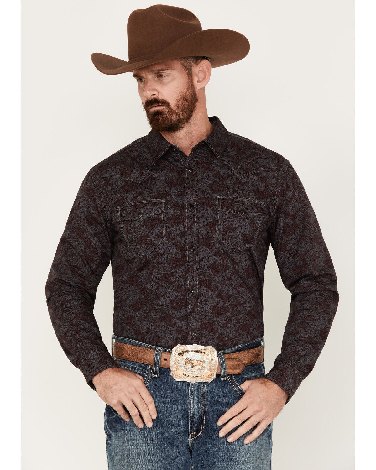 Moonshine Spirit&reg; Men's Stage Light Long Sleeve Snap Western Shirt, Grey, hi-res