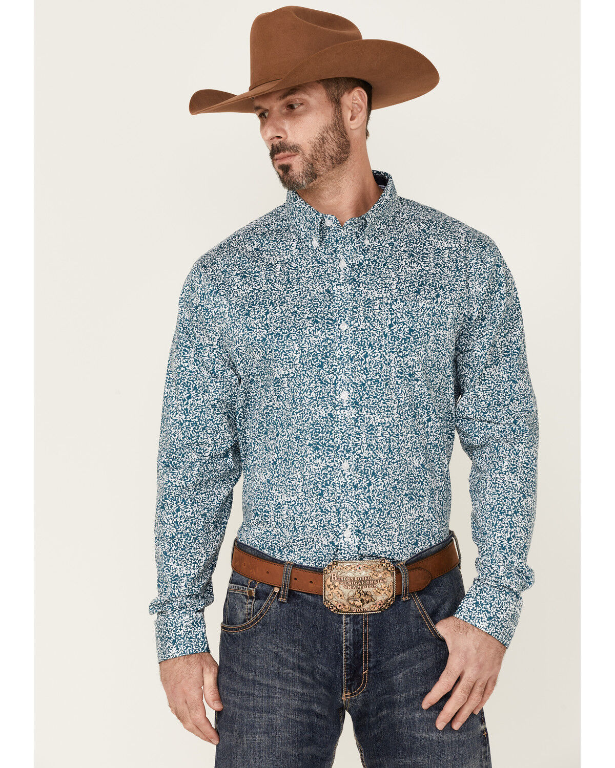 Image #1 - Cody James Core Men's Workforce Floral Print Long Sleeve Button-Down Western Shirt, Blue/white, hi-res
