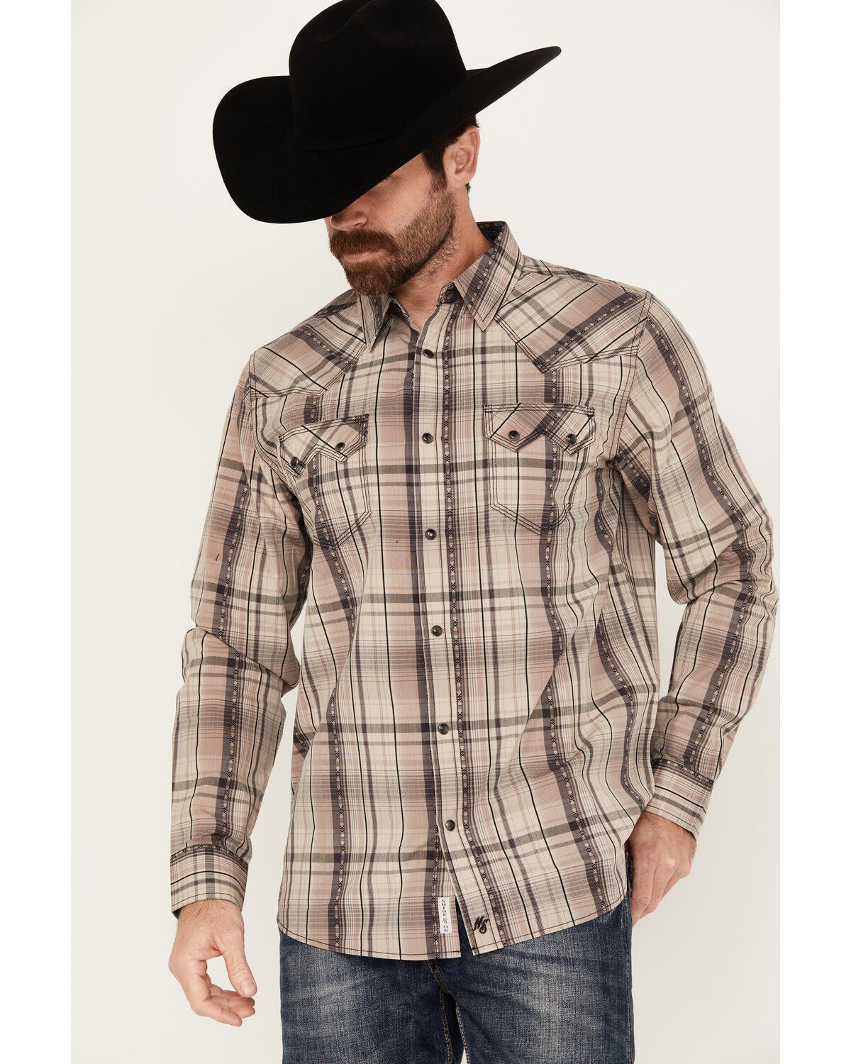 Moonshine Spirit&reg; Men's Load Plaid Print Long Sleeve Snap Western Shirt, Tan, hi-res