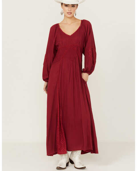 Image #1 - Gunit Solid Lace Women's Long Sleeve Maxi Dress , Wine, hi-res
