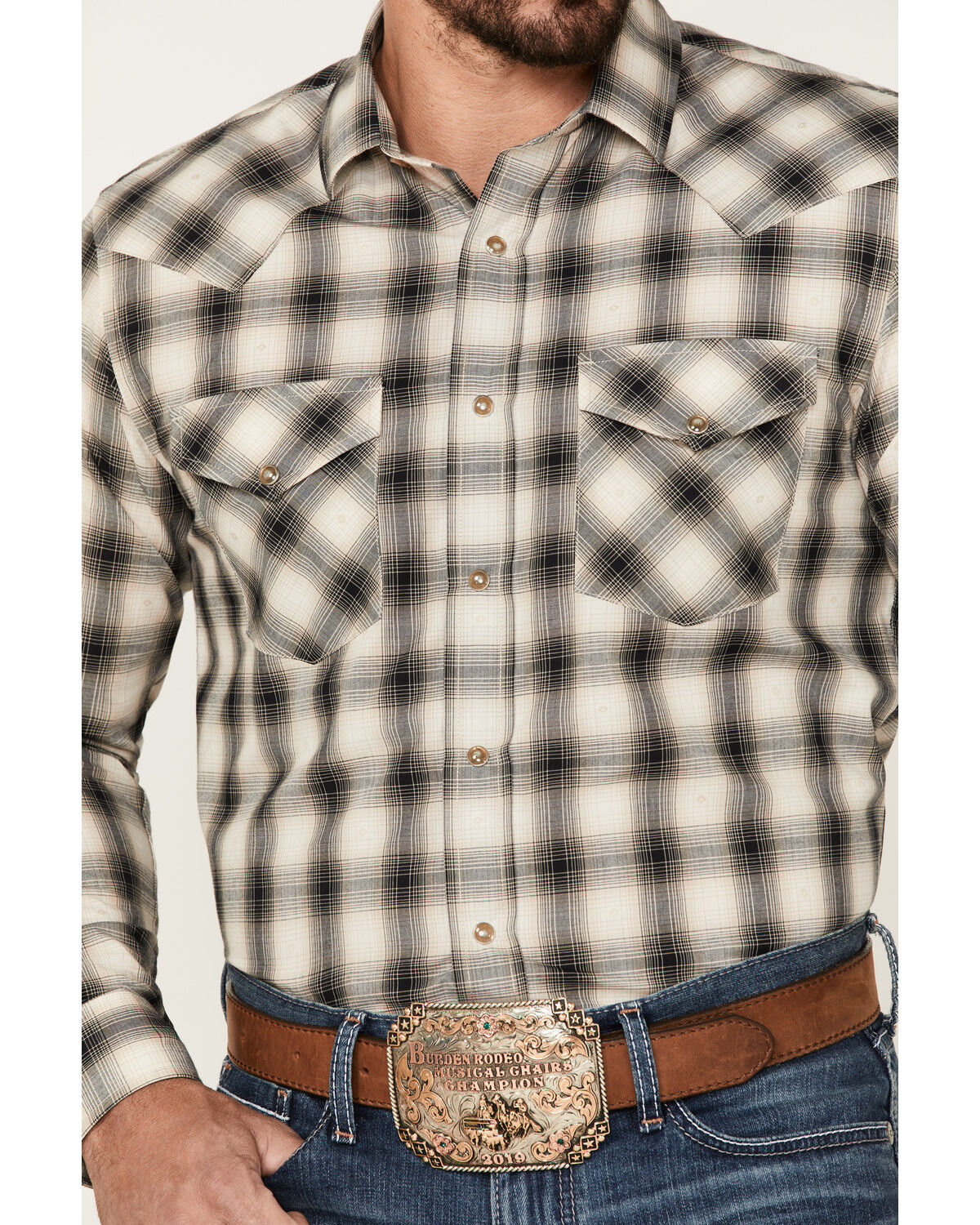 Image #3 - Pendleton Men's Frontier Dobby Ombre Plaid Snap Western Shirt, Tan, hi-res
