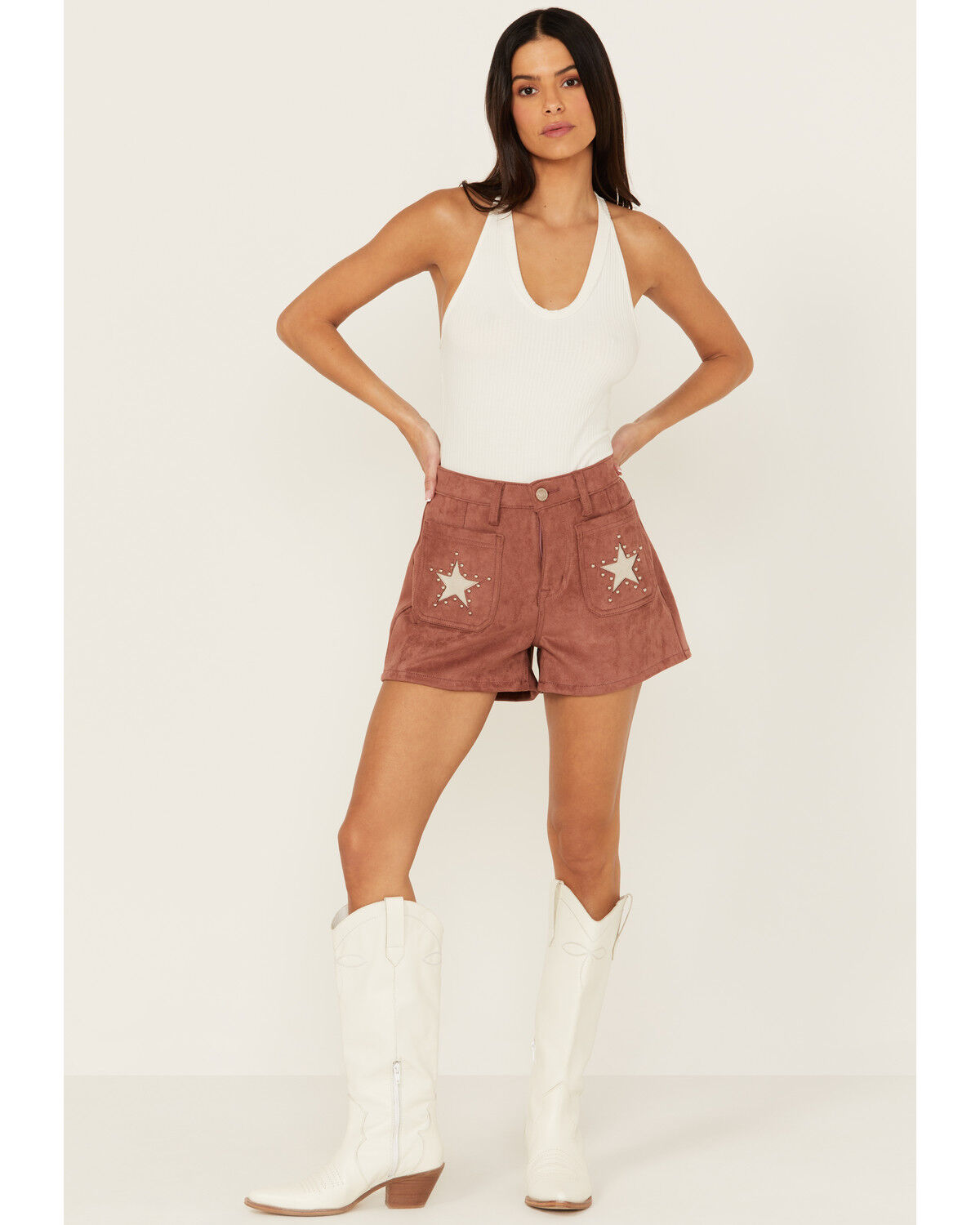 Image #1 - Rock & Roll Denim Women's High Rise Star Microsuede Shorts, Camel, hi-res