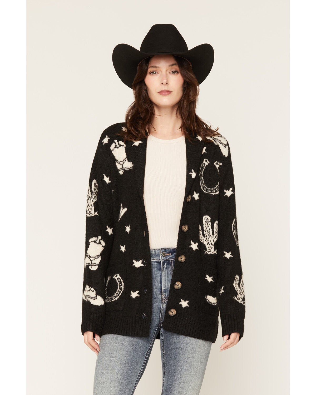 Image #1 - Idyllwind Women's Western Conversation Print Cardigan, Black, hi-res