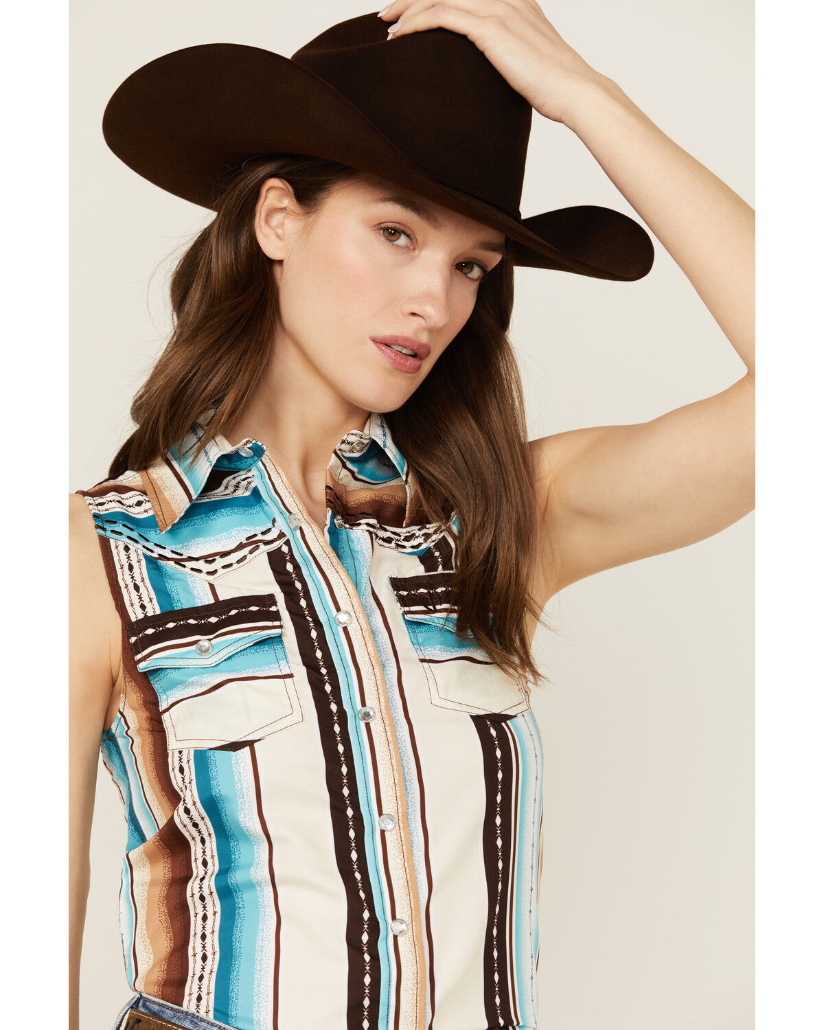 Image #2 - Cowgirl Hardware Women's Serape Striped Sleeveless Snap Western Shirt, Turquoise, hi-res
