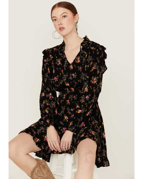 Angie Women's Floral Print Long Sleeve Black Smocked Waist Mini Dress, Black, hi-res