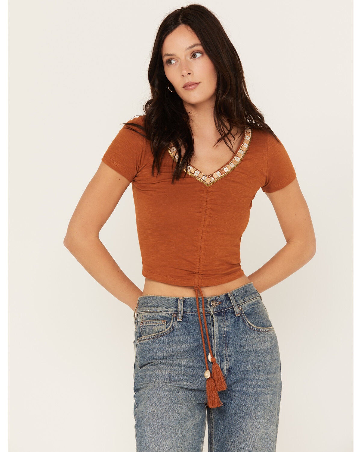 Image #1 - Shyanne Women's Beaded Short Sleeve Front Tie Shirt, Pecan, hi-res
