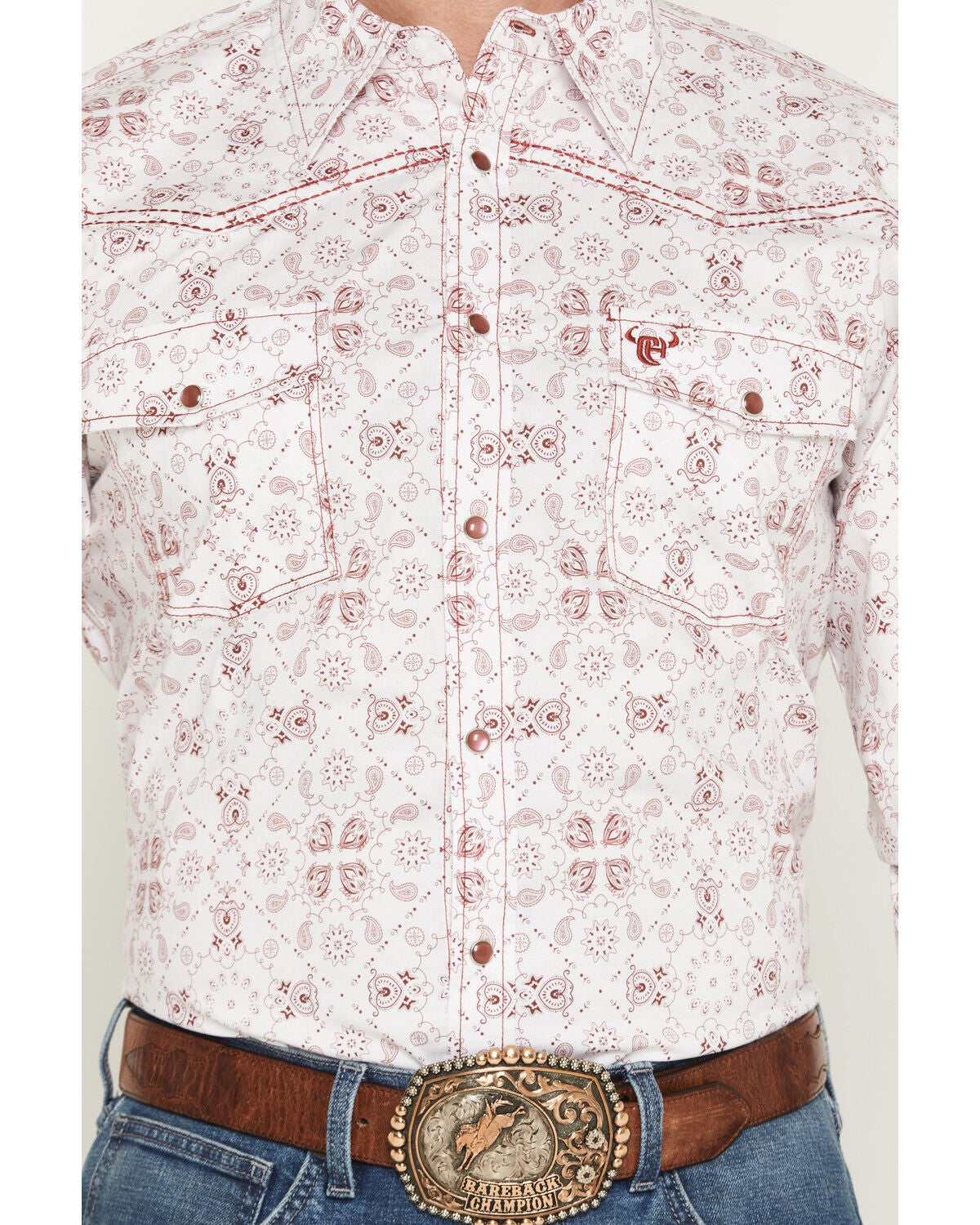 Image #3 - Cowboy Hardware Men's Bandana Print Long Sleeve Snap Stretch Western Shirt, White, hi-res