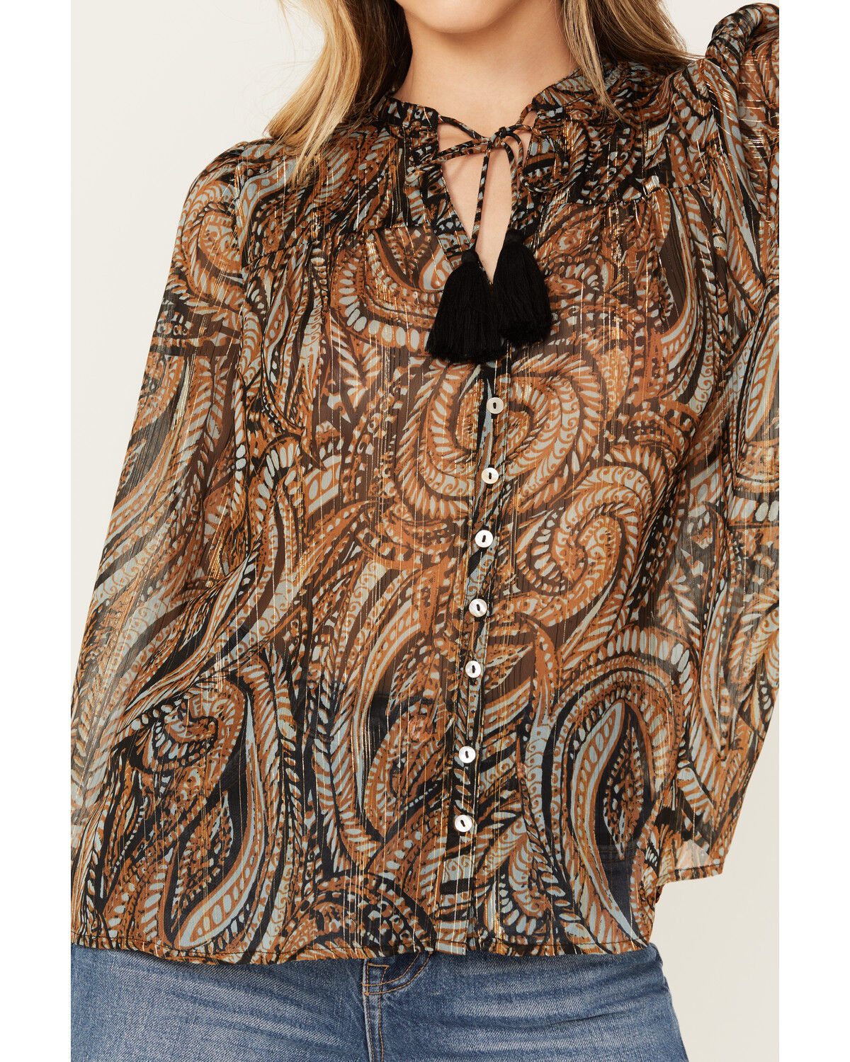 Image #3 - Revel Women's Paisley Print Long Sleeve Peasant Top, Brown, hi-res