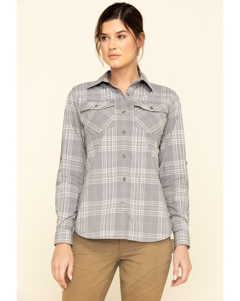Carhartt Women's Asphalt Rugged Flex Plaid Long Sleeve Work Shirt , Grey, hi-res