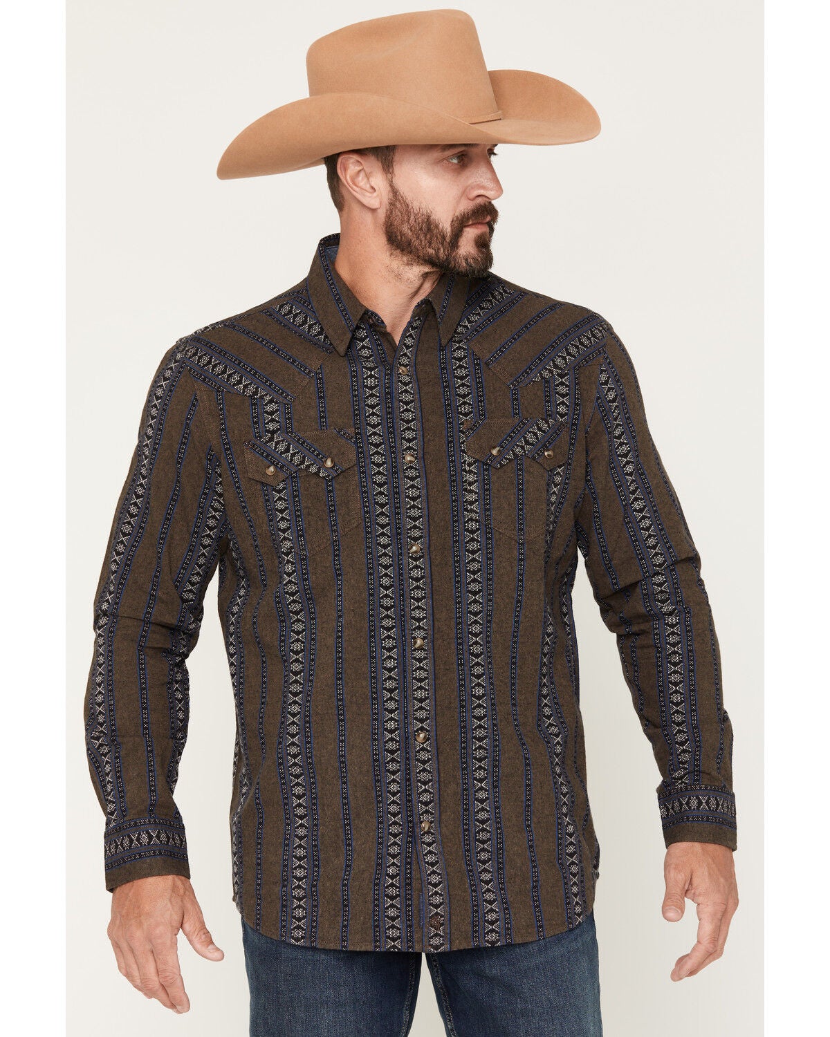 Moonshine Spirit Men's Colorado Southwestern Striped Long Sleeve Snap Western Shirt, Charcoal, hi-res