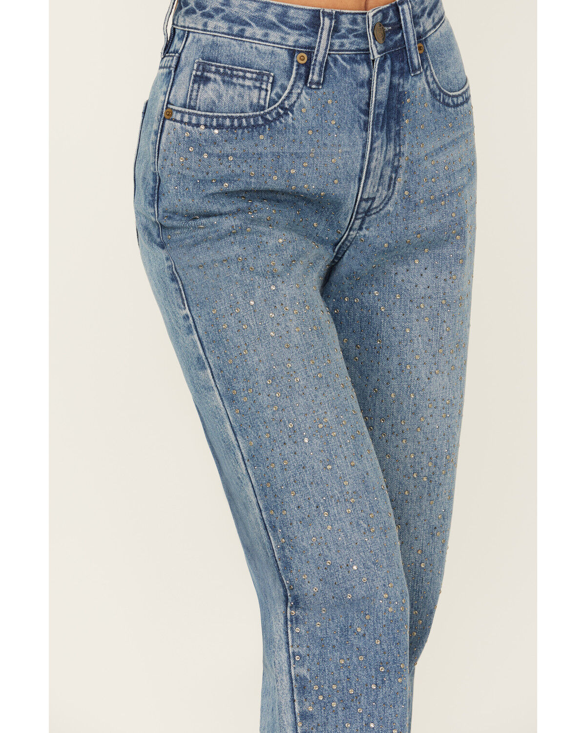Image #2 - Rock & Roll Denim Women's Medium Wash High Rise Rhinestone Cropped Straight Jeans, Medium Wash, hi-res