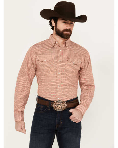Image #1 - Ariat Men's Easton Geo Print Long Sleeve Pearl Snap Western Shirt , Coral, hi-res