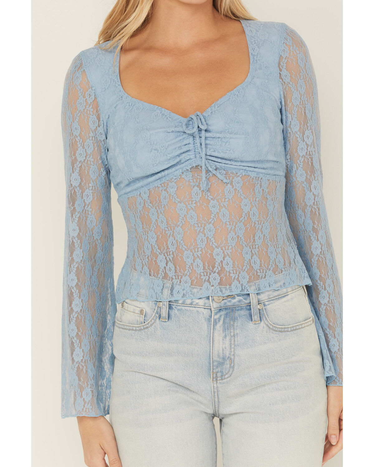 Image #3 - Trixxi Women's Solid Lace Long Bell Sleeve Shirt, Blue, hi-res