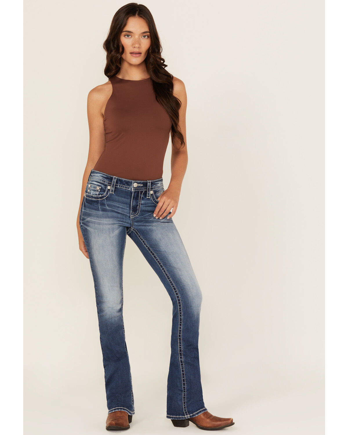 Image #3 - Miss Me Women's Medium Wash Mid Rise Winged Pocket Bootcut Stretch Denim Jeans, Medium Wash, hi-res