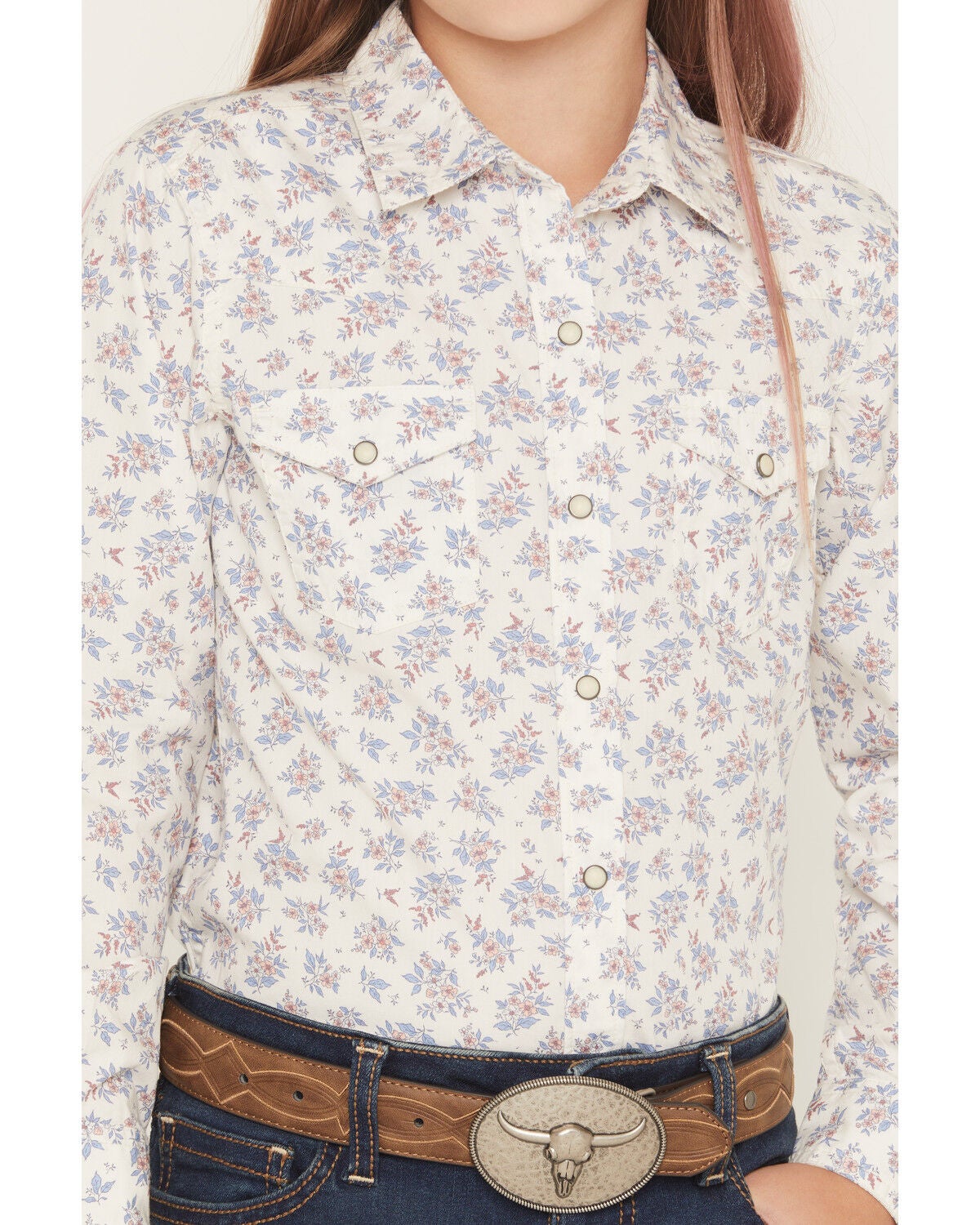 Image #3 - Ariat Girls' Floral Print Long Sleeve Snap Western Shirt, White, hi-res