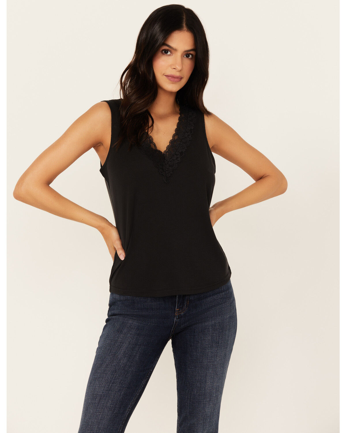 Image #1 - Idyllwind Women's Resha Lace Rib Knit Cami, Black, hi-res