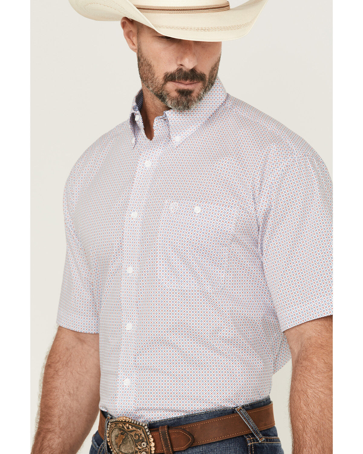 Image #2 - George Strait by Wrangler Men's Geo Print Short Sleeve Button-Down Stretch Western Shirt, Red, hi-res