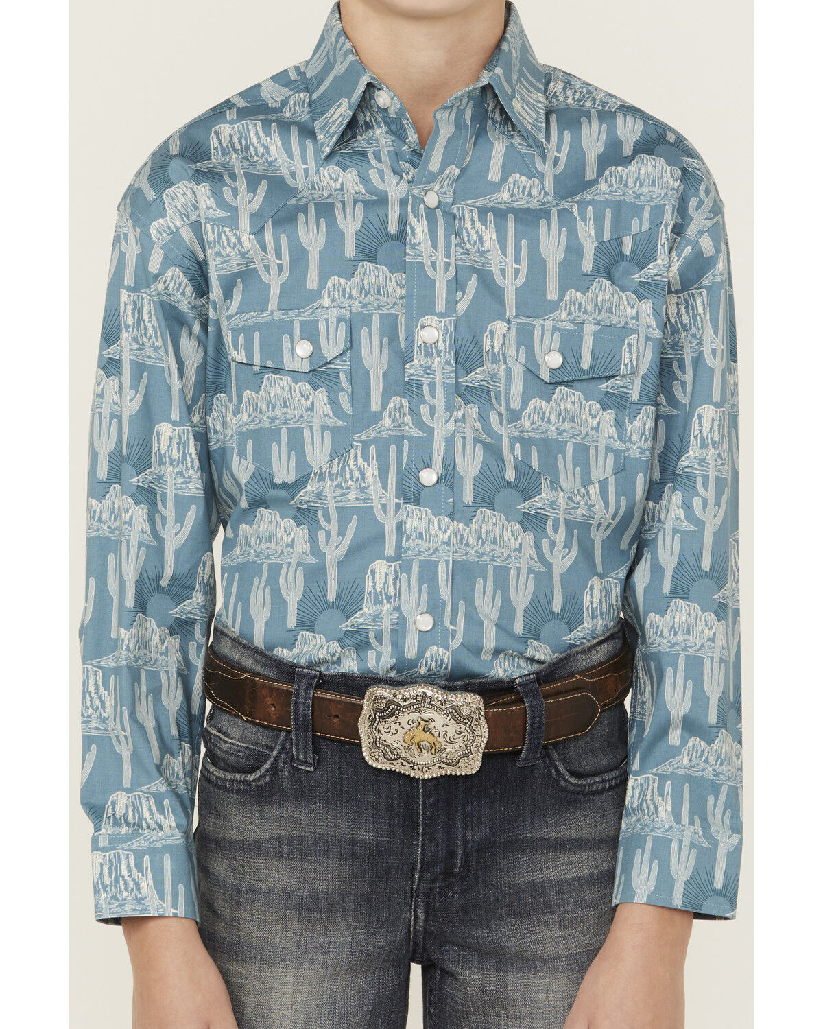 Image #3 - Rock & Roll Denim Boys' Cactus Print Long Sleeve Pearl Snap Stretch Western Shirt, Turquoise, hi-res