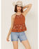 Shyanne Women's Textured Ruffle Embroidered Halter Keyhole Tank Top, Brown, hi-res