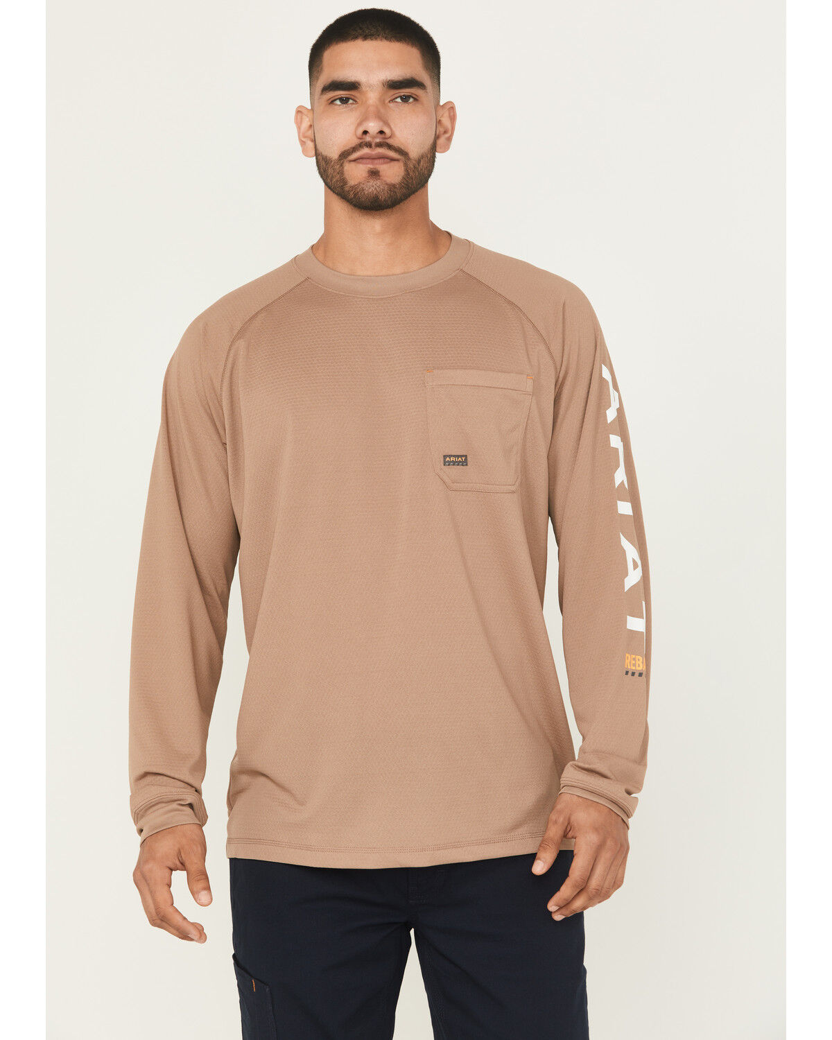 Image #1 - Ariat Men's Khaki Rebar Heat Fighter Long Sleeve Work Pocket T-Shirt, Beige/khaki, hi-res