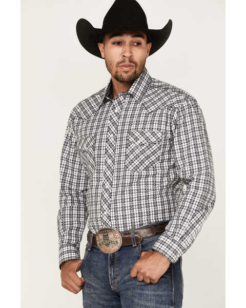Image #1 - Rough Stock By Panhandle Men's Dobby Small Plaid Print Long Sleeve Pearl Snap Western Shirt , White, hi-res